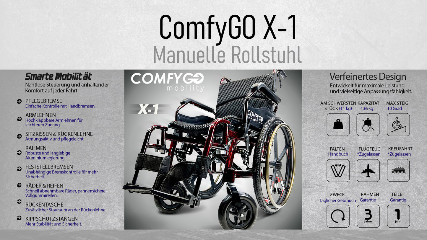 X-1 ComfyGO Leichter Manueller Rollstuhl Mit Schnell Abnehmbaren Rädern